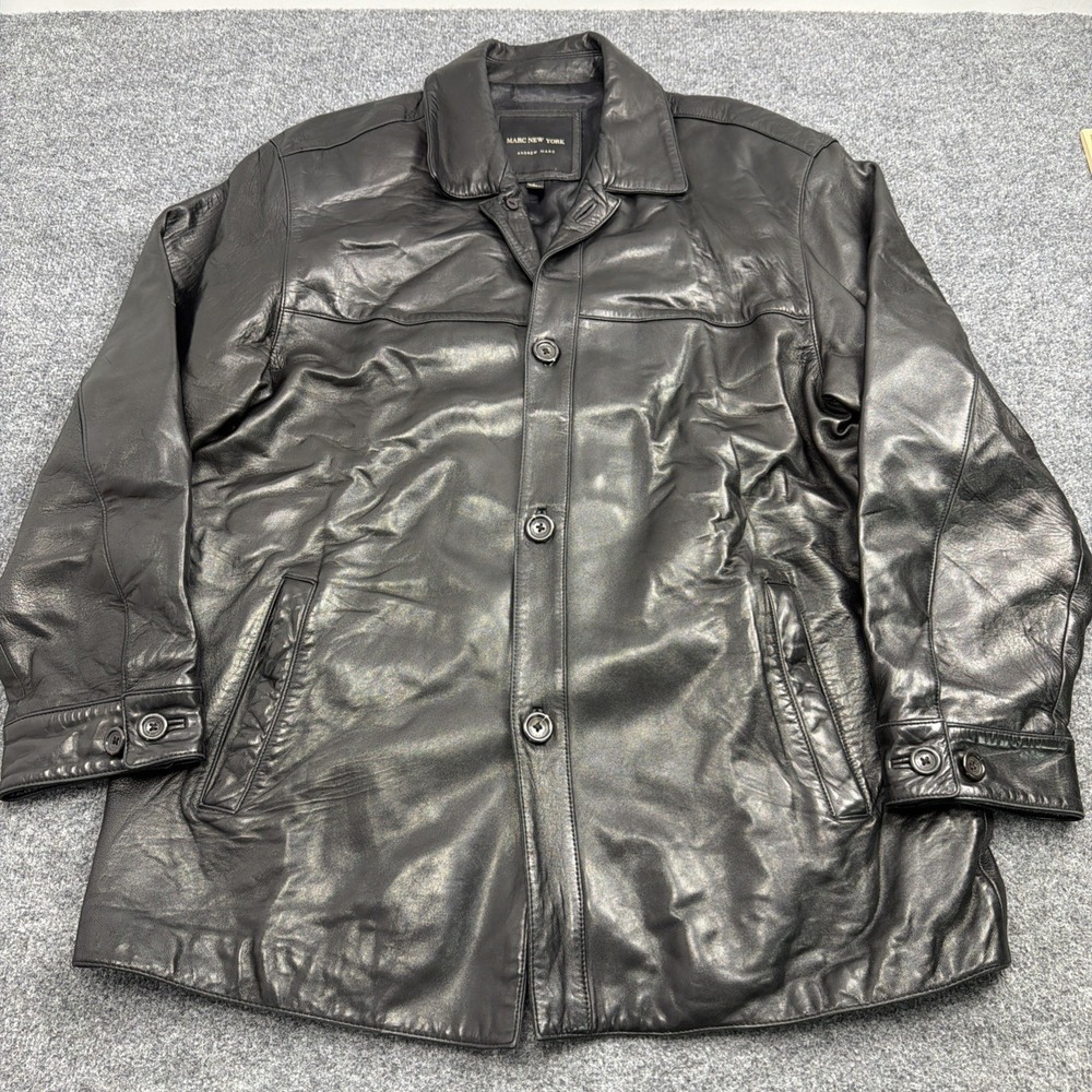 Marc New York Men's Large Black Leather Car Coat Button Closure
